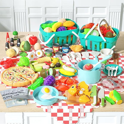 150Pcs Kitchen Playset, Toddlers Pretend Cooking Cookware Accessories, Food, Picnic Blanket, Fruits, Veges, 2Pack Shopping Storage Basket, Dessert and Prop Money, Gift for Kids (Turquoise)
