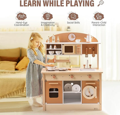 ROBUD Wooden Play Kitchen for Kids Toddlers, Kids Kitchen Playset with Realistic Accessories, Toy Kitchen Set with Plenty of Play Features, Modern Style Toy Kitchen for Girls & Boys, 3+, Caramel