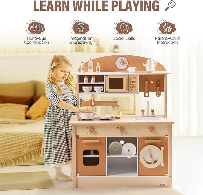 ROBUD Wooden Play Kitchen for Kids Toddlers, Kids Kitchen Playset with Realistic Accessories, Toy Kitchen Set with Plenty of Play Features, Modern Style Toy Kitchen for Girls & Boys, 3+, Caramel