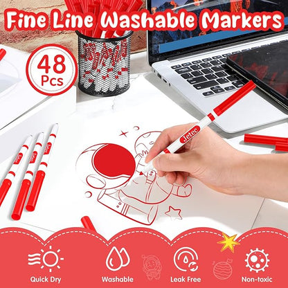 Janlaugh 48 Pcs Line Washable Markers Bulk Red Fine Tip Markers Set Coloring Markers for Kids Thin Washable Markers Red Tips Markers for Art School Supplies, Back to School Supplies, Ages 6+