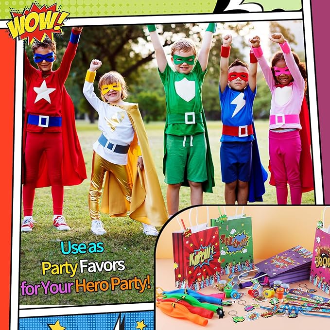 LiYiQ 122 Pcs Hero Party Favors with Hero Punch Balloons Reusable Drinking Straws Hero Slap Bracelets Keychains Stamps Stickers and Gift Bags for Kids Hero Birthday Party Supplies (Style 1)