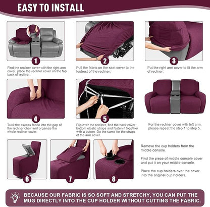 KinCam Loveseat Recliner Covers with Middle Console Slipcover, Recliner Sofa Covers 2 Seat Couch Cover Stripe Jacquard Furniture Protector Covers with Elastic Bottom for Kids, Pets (Burgundy)