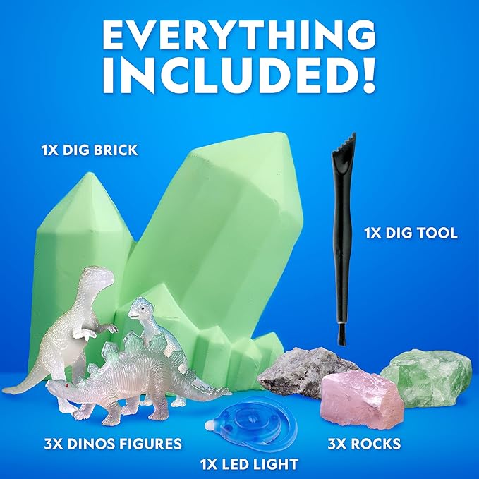 National Geographic Glow in The Dark Dig Kit - Excavate 6 Glow in The Dark Rocks & Dinosaurs from a Glowing Brick, Rock Collection, Science Kits for Kids, Rock Kit for Kids, STEM Kits, Dinosaur Toys