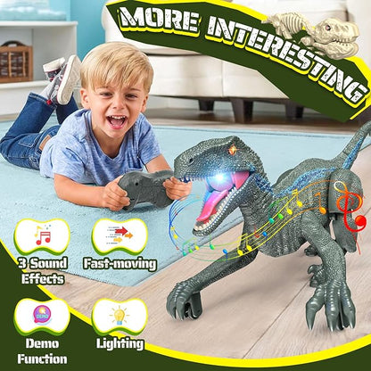 Remote Control Dinosaur, Realistic Dinosaur Toys for Kids, 2.4GHZ, Walking,Rechargeable, 3D Eyes, 3 Sound Effects, Demo Function, Jurassic Toys for Christmas, Kids 3-5 3+