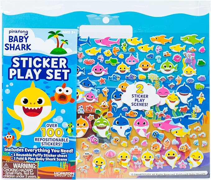 Horizon Group USA Baby Shark Sticker Play Set - 100 Reusable Puffy Stickers – Baby Shark Sticker Bundle for Kids Ages 3 and Up