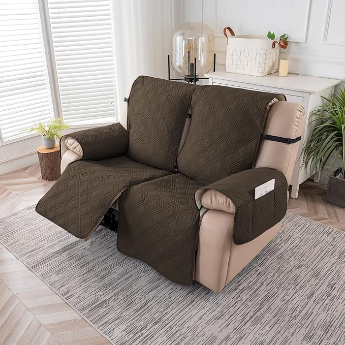 Easehomey Waterproof Loveseat Recliner Cover,Non Slip Reclining Couch Covers for 2 Seat,Dog Chair Cover Furniture Protector Washable Chair Cover with Pocket for Kids,Pets,Dogs(Coffee,2Seat)