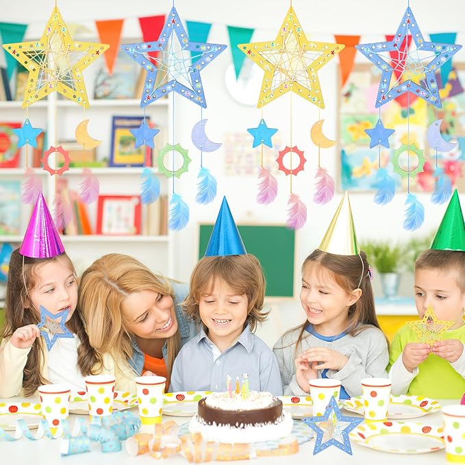 8Pack Star Dream Catcher Kit fot Kids,Unfinished Wood Star Shape Coloring 4th of July Craft DIY Crafts Wooden Patriotic Star Ornaments for Home Classroom Decorations Independence Day Party Favors