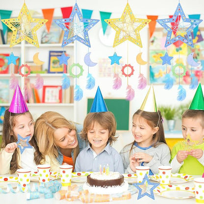 8Pack Star Dream Catcher Kit fot Kids,Unfinished Wood Star Shape Coloring 4th of July Craft DIY Crafts Wooden Patriotic Star Ornaments for Home Classroom Decorations Independence Day Party Favors