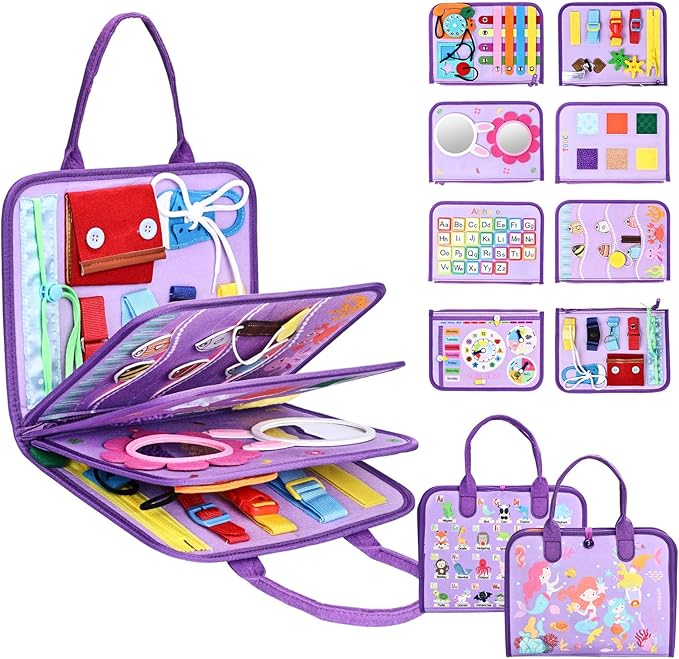 JHkim Busy Board Montessori Toys for Toddlers 1-3, Birthday Gifts for 1 2 3 4 Year Old Girl, Autism Sensory Travel Toy, Educational Activity Busy Book, Preschool Learning Fine Motor Skills Toys,Purple