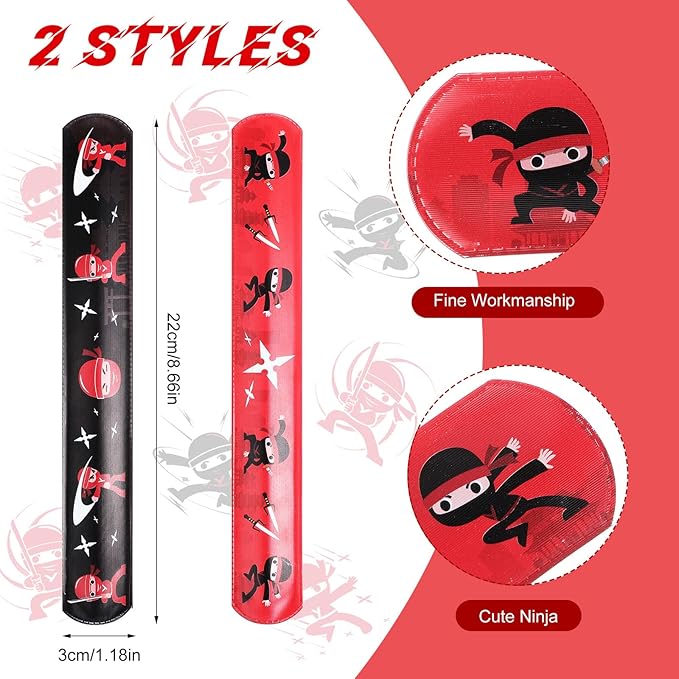 Cindeer 9 Set Ninja Party Favors, Includes Ninja Theme Drawstring Bags, Stretchy Flying Ninjas and Stars Slingshots Stretch Toys, Slap Bracelets for Karate Ninja Birthday Party Favor Supplies