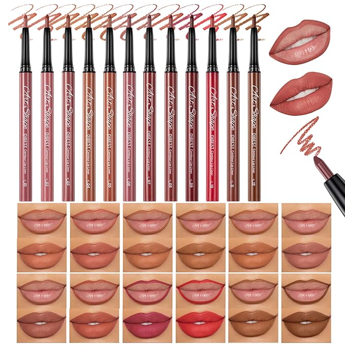 QiBest 12Pcs Velvet Lipstick Gel Lip Liner Pencil Set, Creamy Matte Crayon Lipsticks Long Lasting Lip Filler Makeup Kit for Women & Girls, Lipstick Pencils Pack with Rich Color & Smooth Application