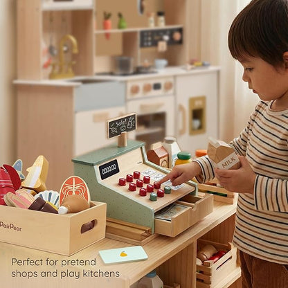 PairPear Wooden Toy Cash Register,Kids Pretend Play Money Counting Toys with Scanner and Credit Card,Toddler Cashier Toy Grocery Play Food Accessory for Pre-School Gift Boys Girls 3+