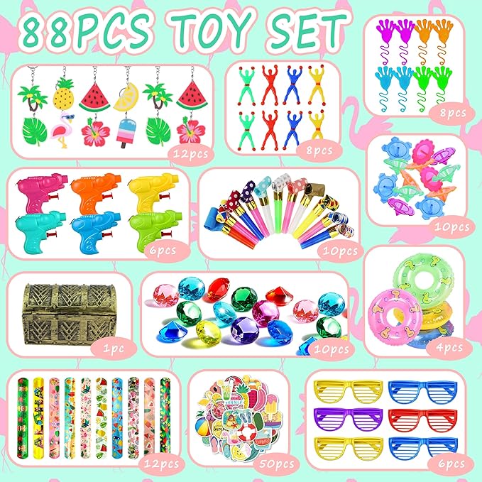 Pool Party Favors Summer Goodies Bracelets Stickers Gifts Pinata Filler Bulk for Summer Party Kid Hawaiian Flamingo Birthday Party Stuffers Supplies (Style 01)