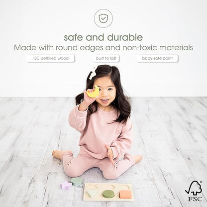 Pearhead Wooden Shapes Puzzle, Early Developmental Montessori Colors and Shapes Toy, Interactive Learning Games for Baby and Toddler, 6 Shapes Included, FSC Certified