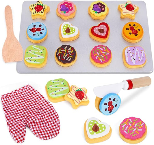 Slice and Bake Wooden Cookie Play Food Set for Kids Kitchen - Toy Food Accessories - Kids Pretend Cookies and Baking Sheet, Toy Baking Set for 3+ Year Old Boys Girls Birthday Gifts