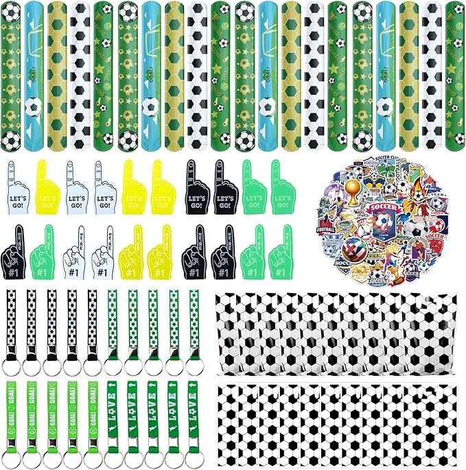 130PCS Soccer Party Favors - Incliding Soccer Keychains, Soccer Gift Bags, Slap Bracelets, Soccer Stickers, Sports Mini Foam Fingers for Boys Fans Sports Soccer Birthday Party Supplies