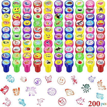 Kosiz 200 Pcs Assorted Stamps for Kids Bulk Teacher Stamps Self Ink Kids Stamps Assorted Stampers for Birthday Gifts Party Favors Back to School Supplies Game Prizes (Cute Style)