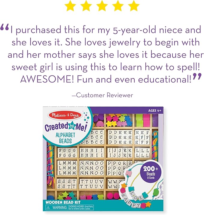 Melissa & Doug Created by Me! Alphabet Beads Deluxe Wooden Stringing Beads, 200+ Beads and 8 Laces for Jewelry-Making