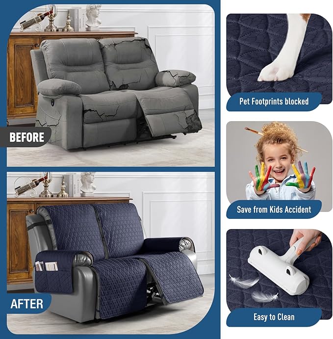 TAOCOCO 100% Waterproof Loveseat Recliner Cover-Recliner Cover with Non-Slip Granule, Recliner Chair Covers with Elastic Band,Washable Recliner Chair/Protector for Pets(Dark Blue, 2 Seater)