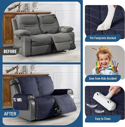 TAOCOCO 100% Waterproof Loveseat Recliner Cover-Recliner Cover with Non-Slip Granule, Recliner Chair Covers with Elastic Band,Washable Recliner Chair/Protector for Pets(Dark Blue, 2 Seater)