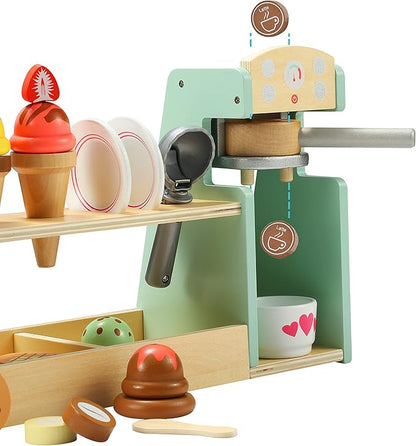 Giant bean Wooden Ice Cream, Coffee and Frozen Treat 3-in-1 Counter Playset, 25 PCS Toddler Pretend Play Kitchen Accessories, Kids Wooden Toys for 1+, Christmas Birthday Gift for Kids