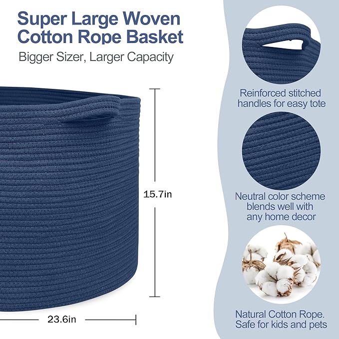 MEGASKET 115L Dark Blue Basket for Organizing, 23.6" x 15.7" XXXL Woven Cotton Rope Laundry Basket, Oversized Blanket Storage for Living Room Bedroom, Kids Toy Box Organizer, Pool Towel Storage Bin