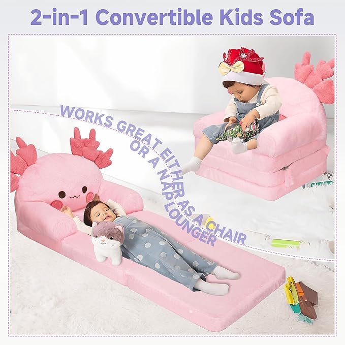 MONKISS 2-in-1 Toddler Couch Chair Comfy, Kids Chair Couch, Mini Couch, Flip Out Sherpa Kids Sofa, Baby Couch, Chair for Toddlers 1-3, Kids Lounge Chair Reading Chair, Kids Couch Bed Fold Out, Axolotl