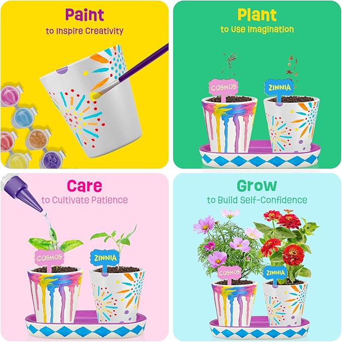 4 Set Paint & Plant Flower Gardening Kit - Gifts for Girls Ages 8-12, Arts and Crafts for Kids Ages 8-12, Kids Gardening Set, Birthday Toys Easter Gifts for Girls Boys Ages 4 5 6 7 8 9 10 11 12