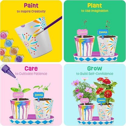 4 Set Paint & Plant Flower Gardening Kit - Gifts for Girls Ages 8-12, Arts and Crafts for Kids Ages 8-12, Kids Gardening Set, Birthday Toys Easter Gifts for Girls Boys Ages 4 5 6 7 8 9 10 11 12