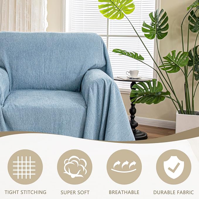 MYSKY HOME Oversized Armchair Couch Cover for 1 Cushion Couch, Washable Sofa Protector, Chair Couch Covers with Tassel Sofa Covers Sofa Throws Sofa Slipcovers Futon Cover for Pet, Kid, 71"X91", Blue