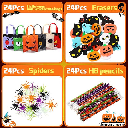 192 Pieces Halloween Party Favors Set 24 Pack Halloween Stationery for Kids Trick or Treat Toy Goody Bag Fillers Including Halloween bag Tattoo Sticker Stamper Pencil Eraser Spider Slap Bracelet