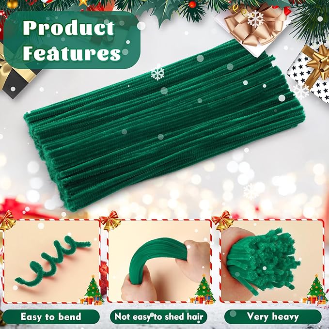 LOKUNN Pipe Cleaners, 200 Pcs Dark Green Pipe Cleaners Craft Set, Solid Color Chenille Stems, DIY Arts and Crafts with Adhesive Eyes and Storage Box, Christmas Halloween Decoration Art Supplies