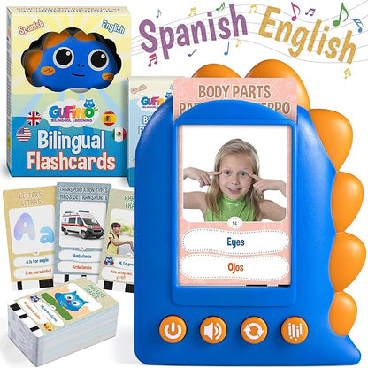 GUFINO Talking Flash Cards – 300 Spanish Flashcards for Kids for Cognitive Abilities & Boost Language Development – Learning Games, Blue Toddler Boy Gifts. See and Say Toys for Toddlers