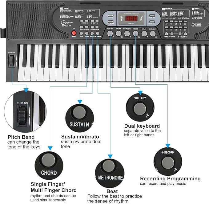 Hricane Keyboard Piano Lighted Keys for Beginner Adults Teens Kids, 61 Key Electronic Music Keyboard with Teaching Modes Powered by USB or Battery with LCD Display Microphone Headphone Jack