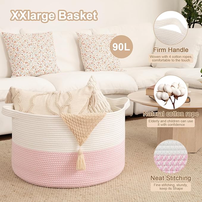 OIAHOMY 90L XXXLarge Blanket Basket for Living Room, 21.7" x 13.8" Woven Cotton Rope Laundry Basket for Organizing Pillows, Decorative Stuffed Animal Toy Storage Bin for Nursery, White and Pink