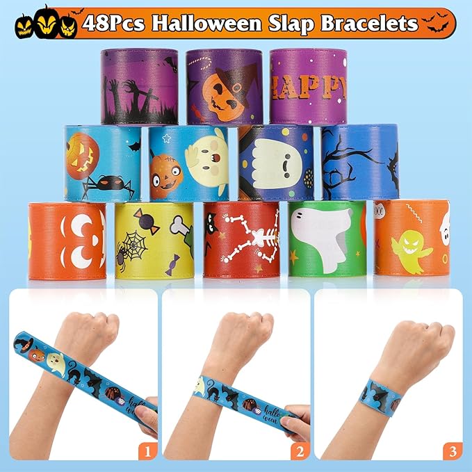 Halloween Party Favors for Kids, 48 PCS Halloween Slap Bracelets Assorted Bulk Party Decorations, Snap Bracelet Wristbands for Kids Print with Spider Pumpkin Ghost Print Halloween Treats Supplies
