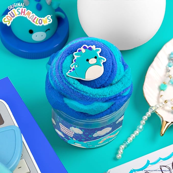 Original Squishmallows Tatiana The Dragon Premium Cloud Slime, Blue Raspberry-Scented, 8 oz. Storage Container with Figurine Topper, Rubber Charm, Goodie Bags, Kids Party Favors, Sensory Toys