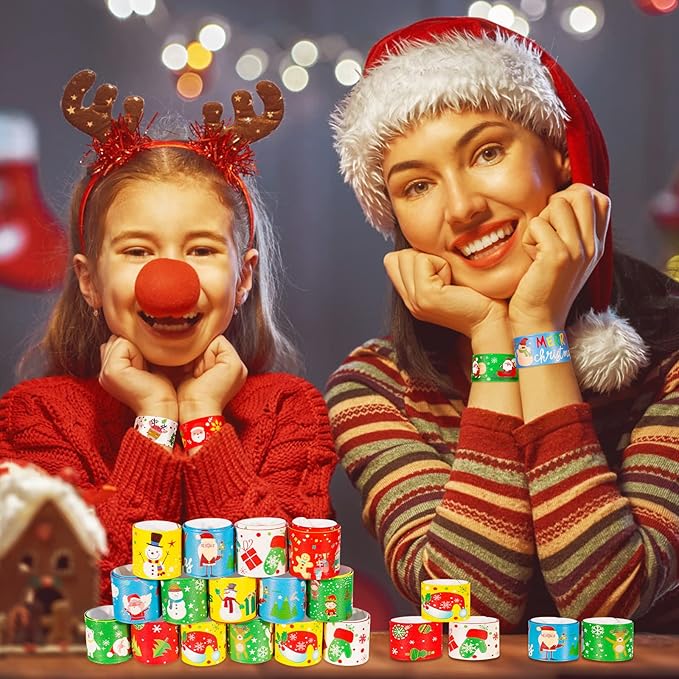 Max Fun 48pcs Christmas Slap Bracelets Party Favors Toys for Kids Xmas Party Favors Christmas Stocking Stuffers (Christmas)