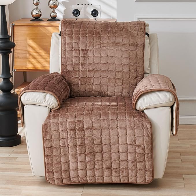 Quilted Recliner Chair Covers, Plush Non Slip Chair Slipcover Soft Washable Couch Cover Furniture Protector with Elastic Straps and Pocket for Kids, Dogs, Pets (Curry, 1 Seater)