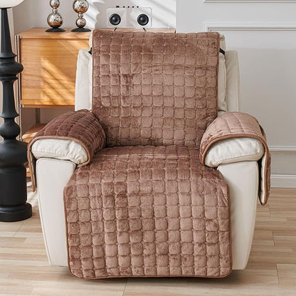Quilted Recliner Chair Covers, Plush Non Slip Chair Slipcover Soft Washable Couch Cover Furniture Protector with Elastic Straps and Pocket for Kids, Dogs, Pets (Curry, 1 Seater)