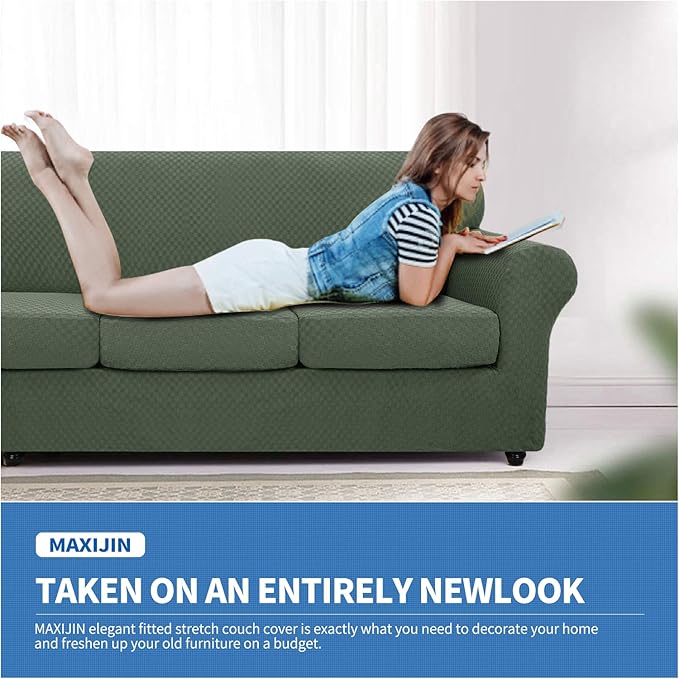 MAXIJIN 3 Piece Stretch Couch Covers for 2 Cushion Couch Sofa Slipcovers with 2 Extra Large Seat Cushion Couch Jacquard Loveseat Sofa Couch Cover for Dogs (2 Cushion Sofa, Army Green)