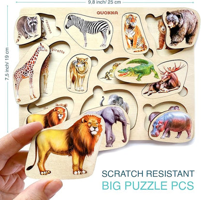 QUOKKA Wooden Puzzles for Toddlers 1-3 – 3xSET Toddler Puzzles Ages 2-4 – Montessori Animal Toy Puzzle for Toddlers 3-5 Year Old – Wood Toy Learning Realistic Animals for Boy and Girl