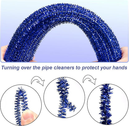 TOAOB 100pcs Christmas Glitter Pipe Cleaners Blue Metallic Pipe Cleaners Craft Supplies 6mm x 12 Inch Chenille Stems Pipe Cleaners for Art DIY Crafts Decorations