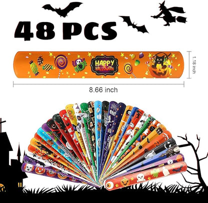 Halloween Slap Bracelet For Kids,48Pcs Halloween Party Favors, Halloween Decorations Gifts Bracelet Decorations Outdoor, Halloween Prizes Snap Bracelets Bulk Decor,Halloween Favors for Kids,Boys,Girls
