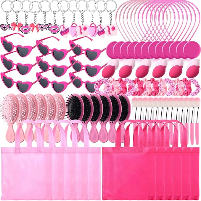 108 Pcs Hot Pink Princess Gift Bags Set Hot Pink Princess Party Favors Kit, 12 Pink Keychains 12 Makeup Mirror 12 Sponge 12 Gifts Bags 12 Heart Sunglasses 12 Brush Headband Hair Band Combs