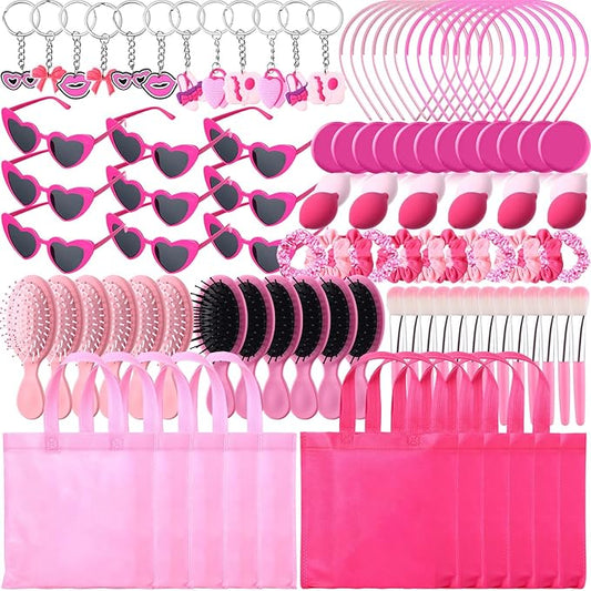 108 Pcs Hot Pink Princess Gift Bags Set Hot Pink Princess Party Favors Kit, 12 Pink Keychains 12 Makeup Mirror 12 Sponge 12 Gifts Bags 12 Heart Sunglasses 12 Brush Headband Hair Band Combs
