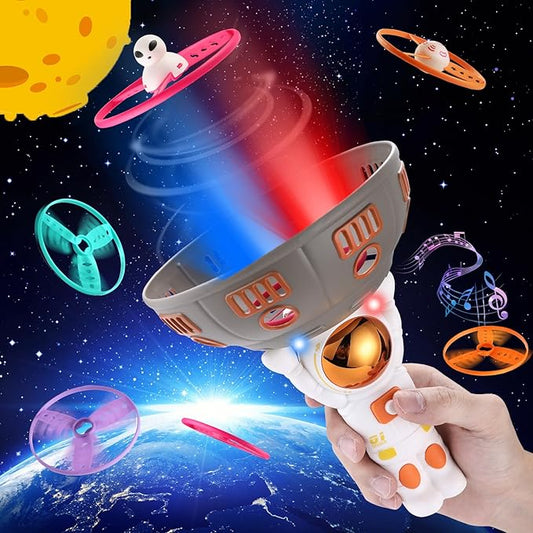 Outdoor Toys for Kids Ages 4-8 - Flying Disc Launcher Toy, Music Astronaut Flying Helicopter Toys with Sounds, 2&1 Flying Saucer Mode and Spinning Top Mode Flying Toys, Birthday Gift for 3-8 Year Old