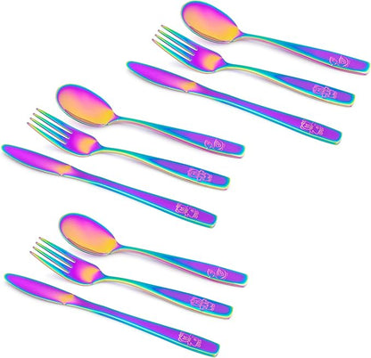 9 Piece Stainless Steel Rainbow Kids Cutlery, Child and Toddler Safe Flatware, Kids Silverware, Kids Utensil Set Includes 3 Knives, 3 Forks, 3 Spoons, Total of 3 Settings, Ideal for Home and Preschool