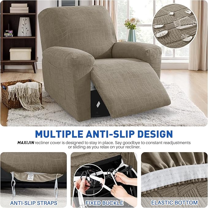MAXIJIN Waterproof Recliner Chair Covers 3 Pieces Recliner Cover That Stay in Place, Washable Lazy Boy Recliner Slipcovers with Pockets Reclining Protector for Pet, Kids (Recliner, Khaki)