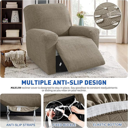 MAXIJIN Waterproof Recliner Chair Covers 3 Pieces Recliner Cover That Stay in Place, Washable Lazy Boy Recliner Slipcovers with Pockets Reclining Protector for Pet, Kids (Recliner, Khaki)